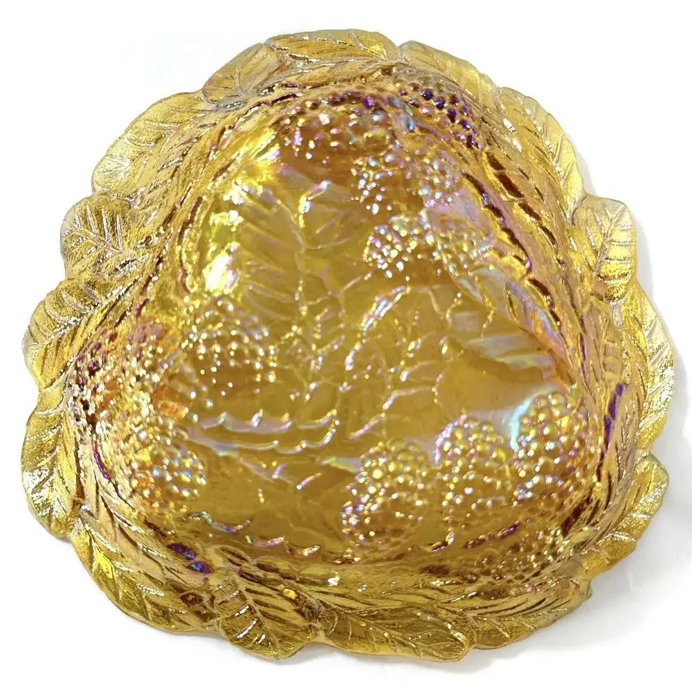 Vintage Amber Carnival Glass Grape Leaf Bowl 7” Iridescent Pressed Glass
